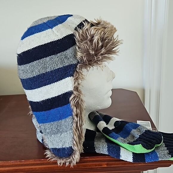Gap Boy's Winter Trapper Hat With Faux Fur Trim & Scarf One Size Small Blue/Gray - Picture 7 of 16